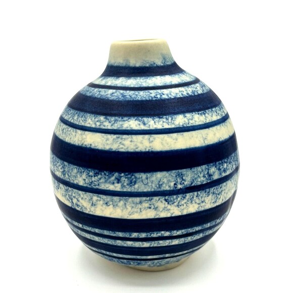 Pottery Vase Blue Striped Swirl Off White Asymmetrical Round Matte 6.5"h - Picture 1 of 11
